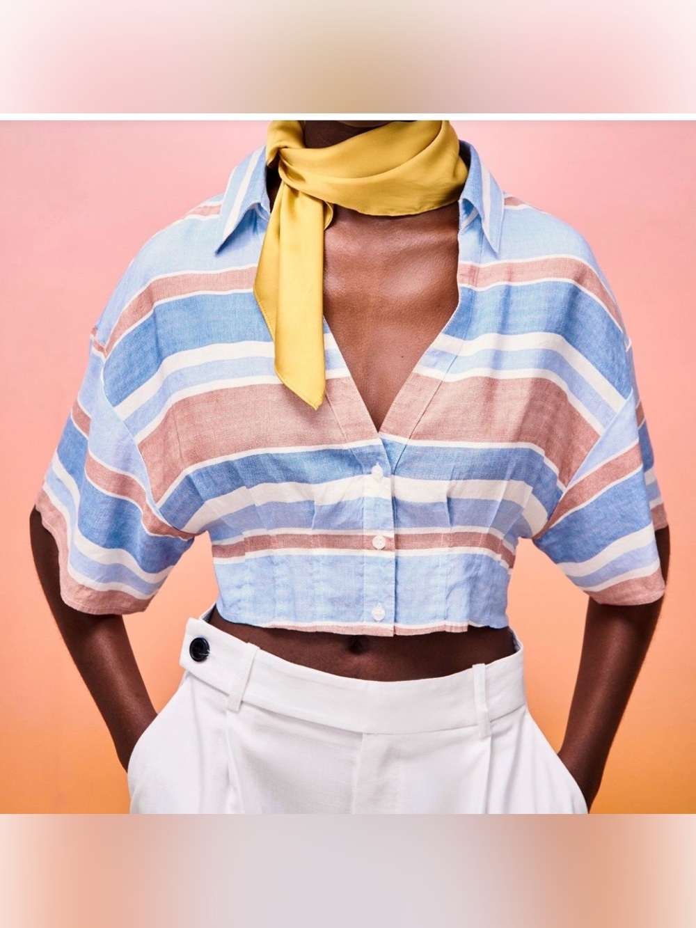 ZARA Blue Red Stripe Linen Blend Short Sleeve Button-Down Cropped Top Size S